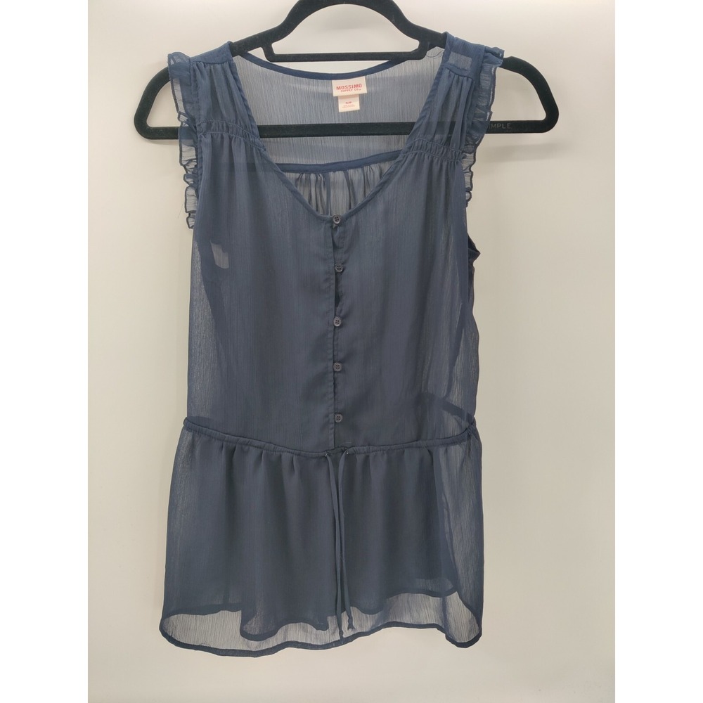 Mossimo Supply‎ Co. Navy Blue Sheer Ruffle Tie Waist Sleeveless Tunic Top S/P